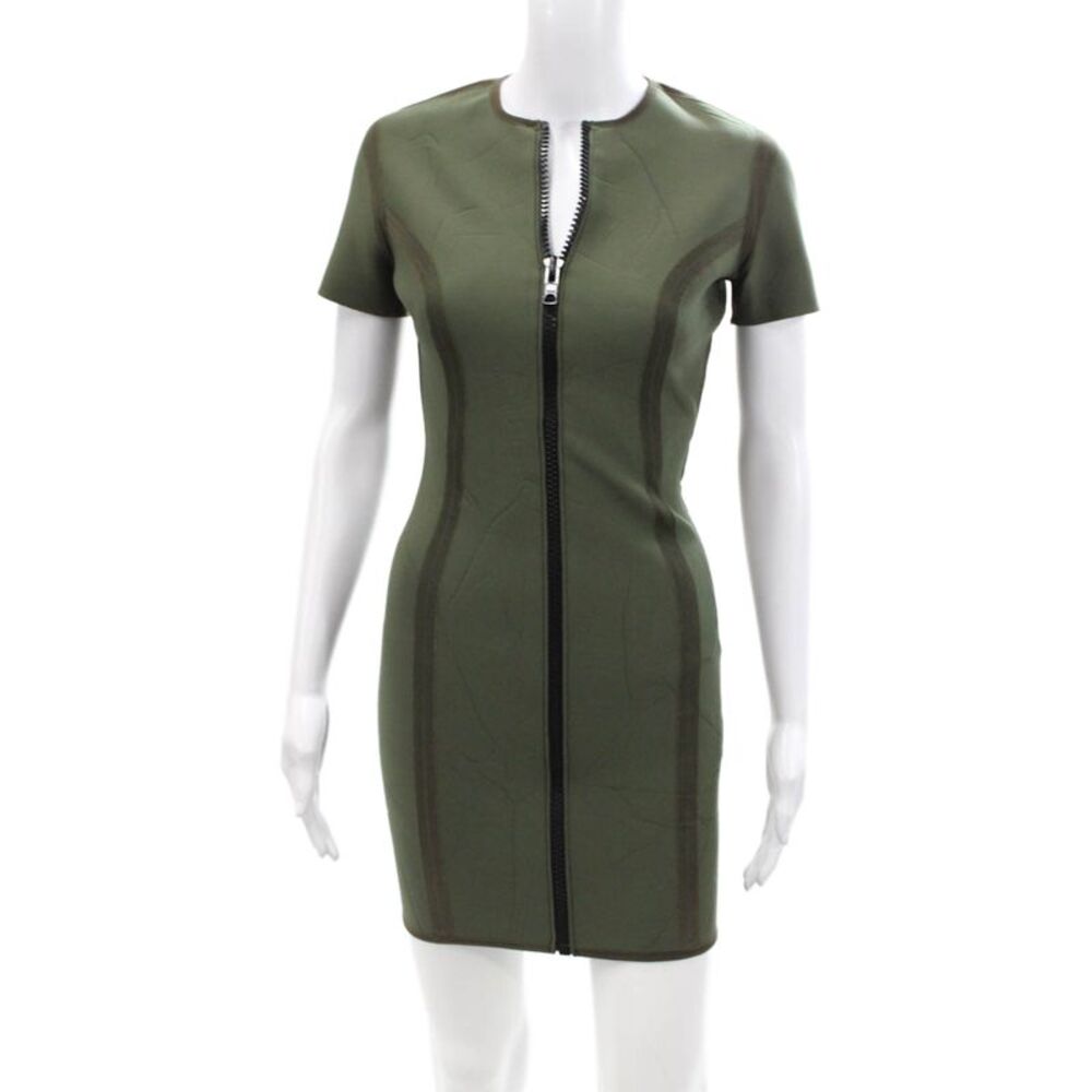Lisa Marie Womens Textured Short Sleeve Front Zip Pencil Dress Green Size M